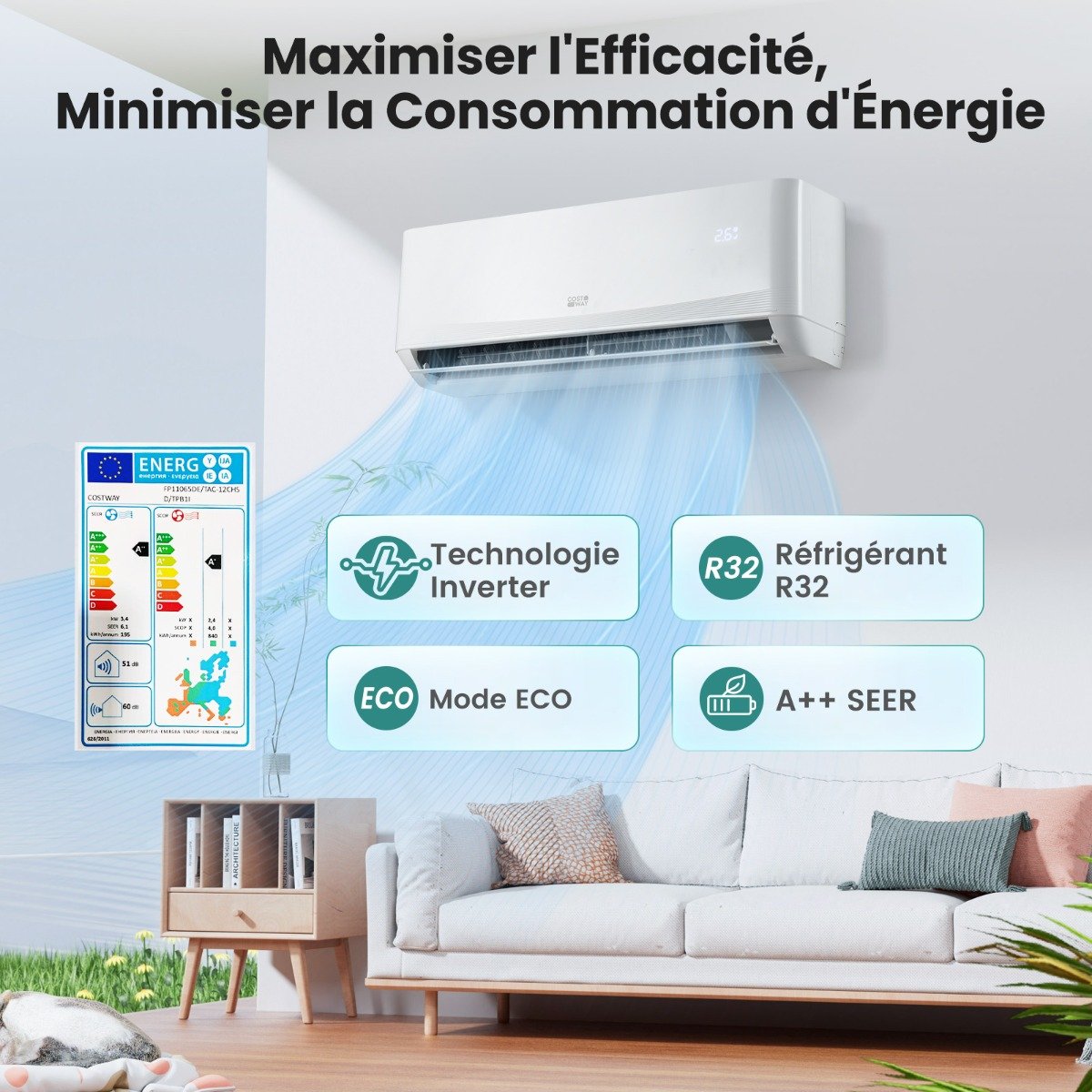 Aire Acondicionado Mini Split 12000 BTU (3,4 kW) Unidad Energéticamente Eficiente A++ con Sistema de Bomba de Calor para hasta 70㎡ Blanco – Image 6