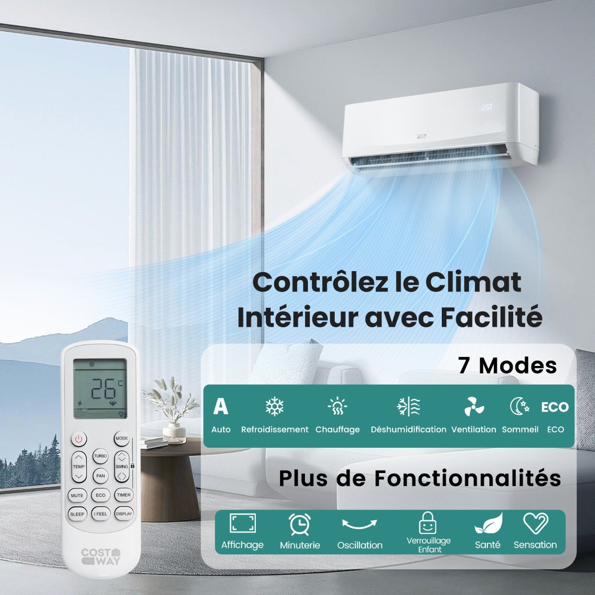 Aire Acondicionado Mini Split 12000 BTU (3,4 kW) Unidad Energéticamente Eficiente A++ con Sistema de Bomba de Calor para hasta 70㎡ Blanco – Image 5