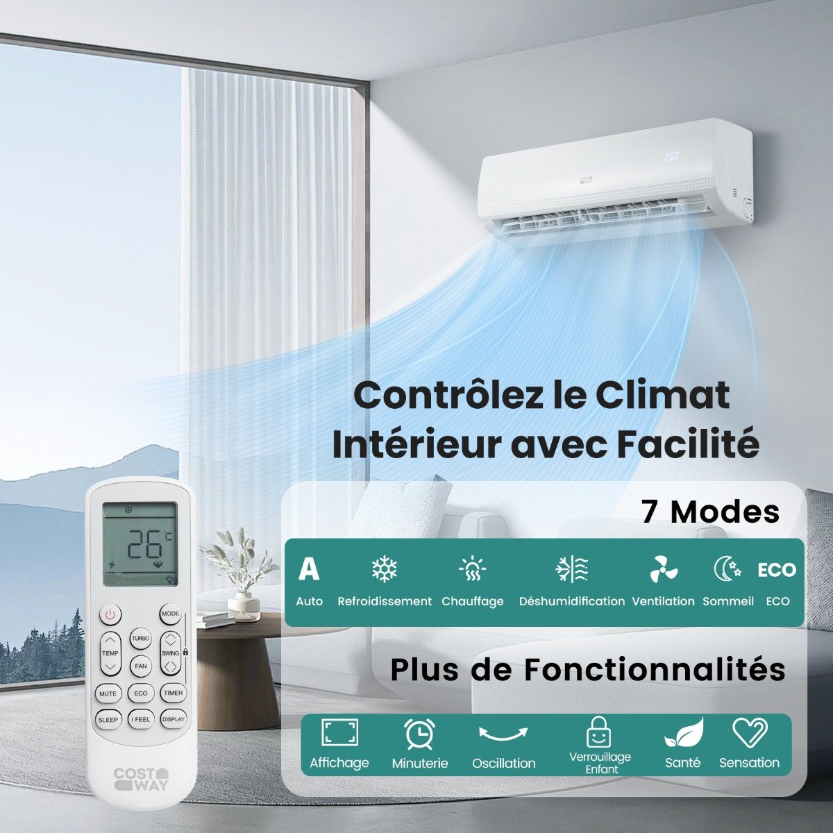 Aire Acondicionado Mini Split 9000 BTU (2,6 kW) Unidad Energéticamente Eficiente A++ con Bomba de Calor para hasta 42㎡ Blanco – Image 5