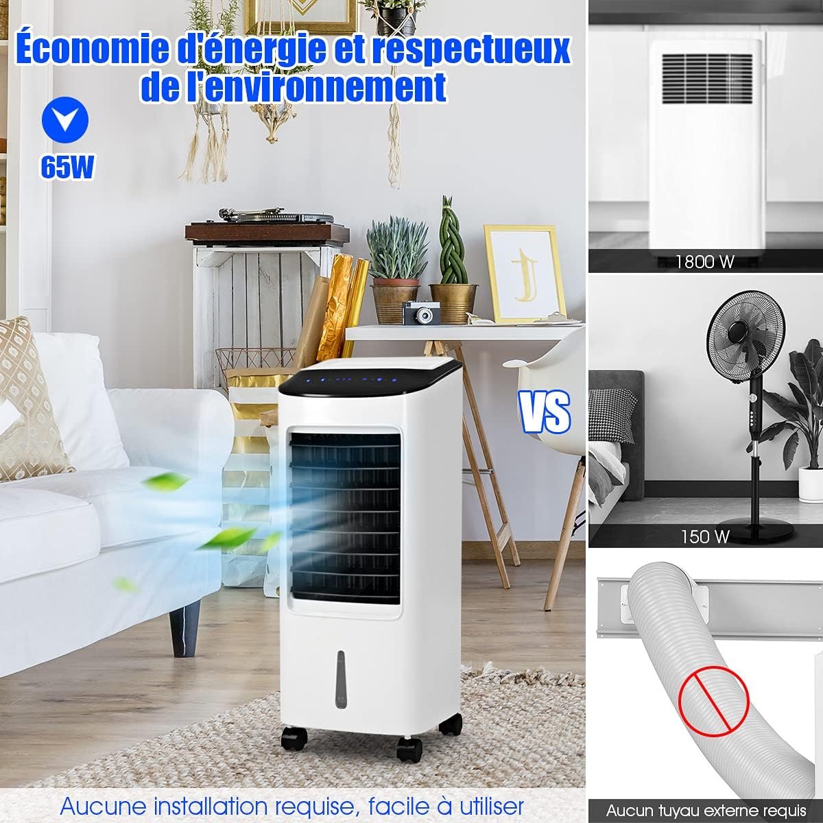 Enfriador de Aire Portátil 4 en 1 con Función de Refrigeración Humidificación Purificación Ventilación Depósito 7L 65W 3 Velocidades Temporizador – Image 8