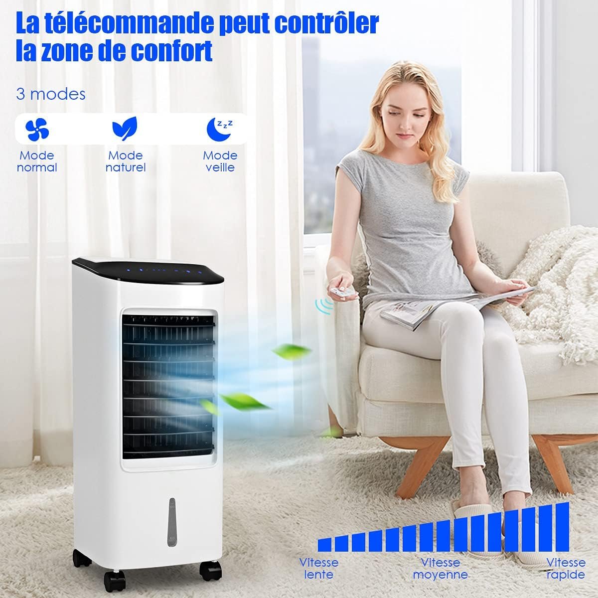Enfriador de Aire Portátil 4 en 1 con Función de Refrigeración Humidificación Purificación Ventilación Depósito 7L 65W 3 Velocidades Temporizador – Image 7
