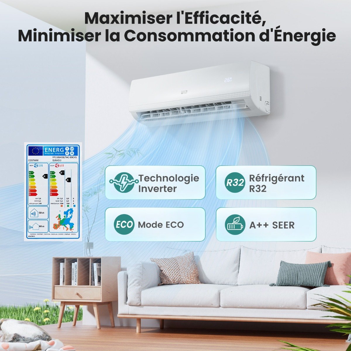 Aire Acondicionado Mini Split 9000 BTU (2,6 kW) Unidad Energéticamente Eficiente A++ con Bomba de Calor para hasta 42㎡ Blanco – Image 6