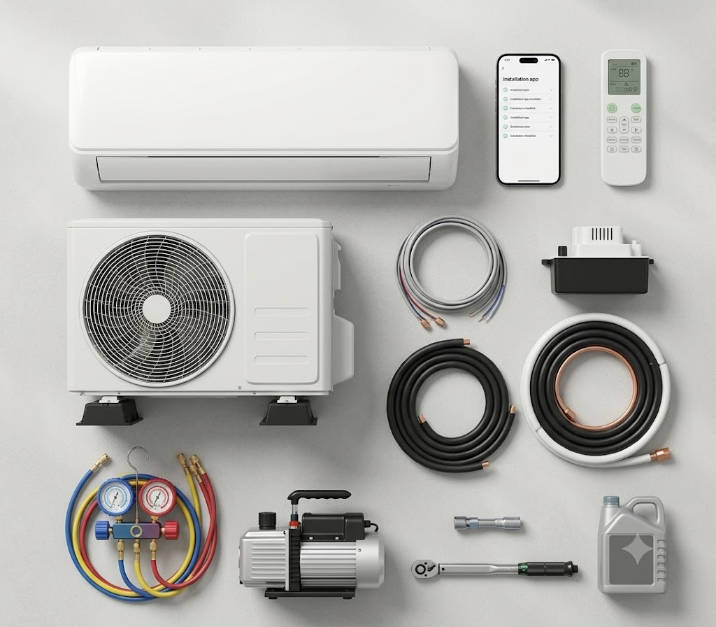 Kit completo de climatizador: unidad interior, exterior, tuberías y accesorios de instalación