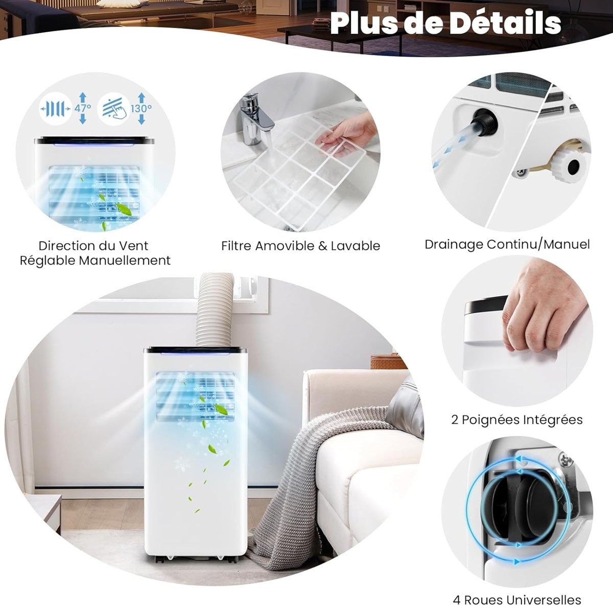 Aire Acondicionado Portátil 9000 BTU 5 en 1 Frío/Ventilador/Deshumidificador/Calefacción/Sueño 16-32℃ Silencioso para Dormitorio 20 m² WIFI – Image 3