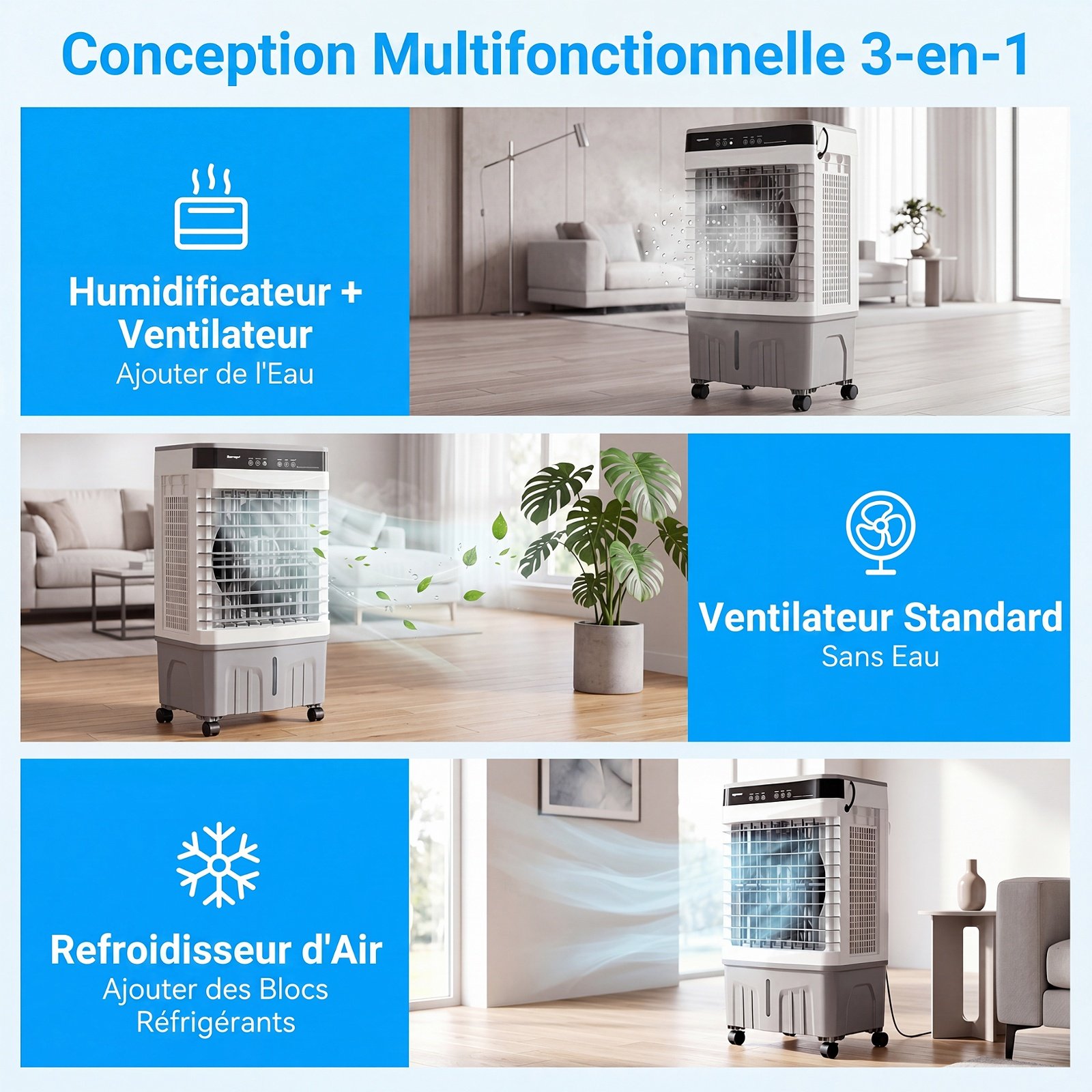 Aire Acondicionado Portátil 3 en 1 Ventilador Enfriador de Aire con Mando a Distancia Amplio Depósito de Agua Temporizador 12H 2 Modos y 3 Velocidades Blanco – Image 2
