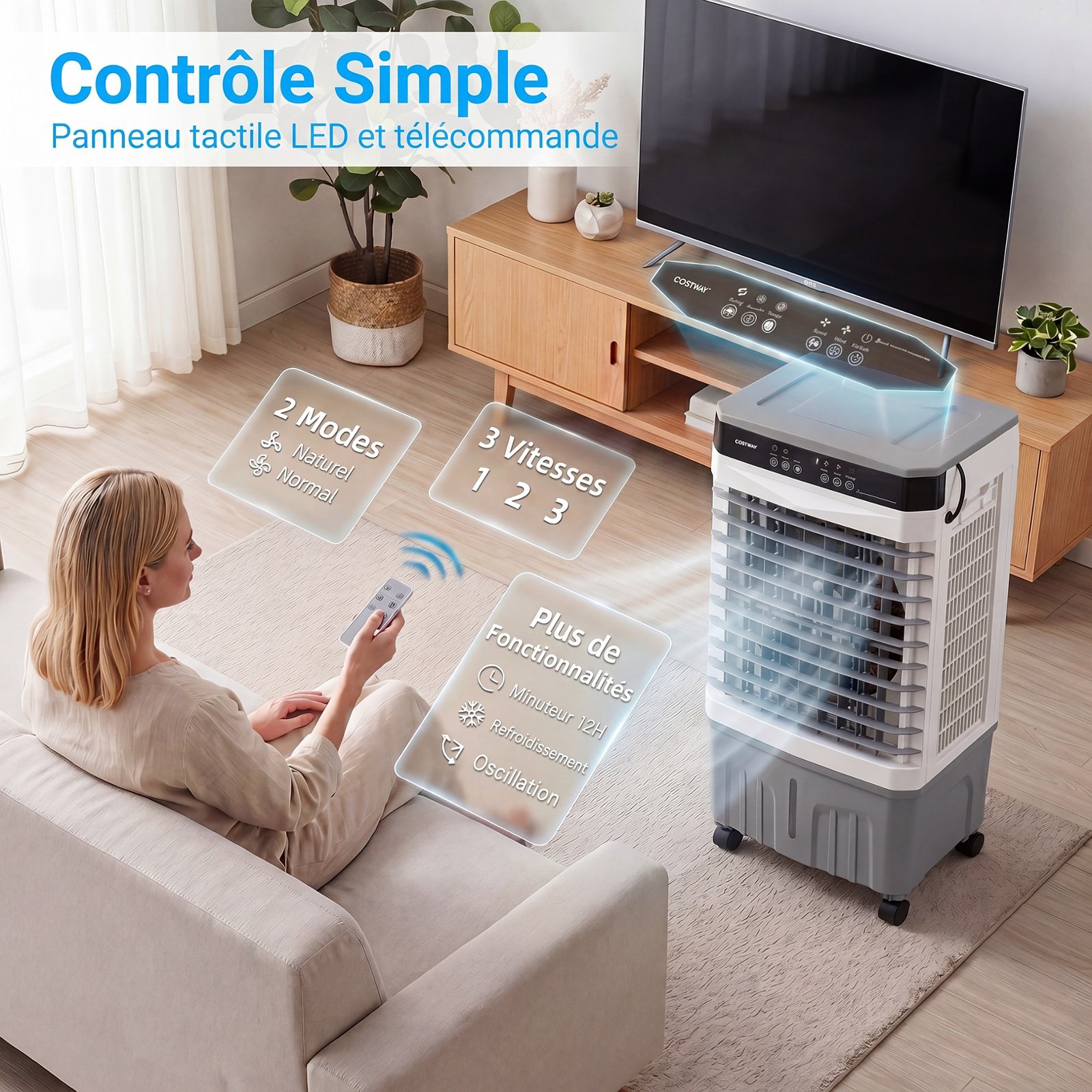 Aire Acondicionado Portátil 3 en 1 Ventilador Enfriador de Aire con Mando a Distancia Amplio Depósito de Agua Temporizador 12H 2 Modos y 3 Velocidades Blanco – Image 5
