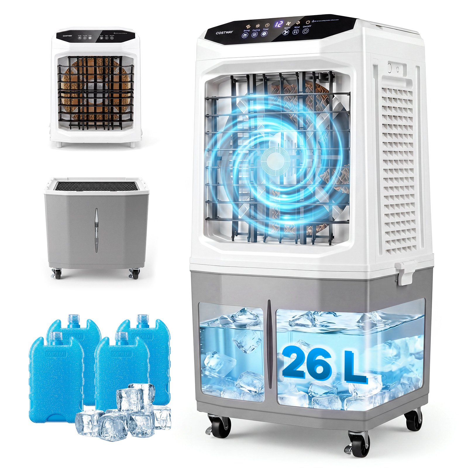 Aire Acondicionado Portátil 3 en 1 Ventilador Enfriador de Aire con Mando a Distancia Amplio Depósito de Agua Temporizador 12H 2 Modos y 3 Velocidades Blanco