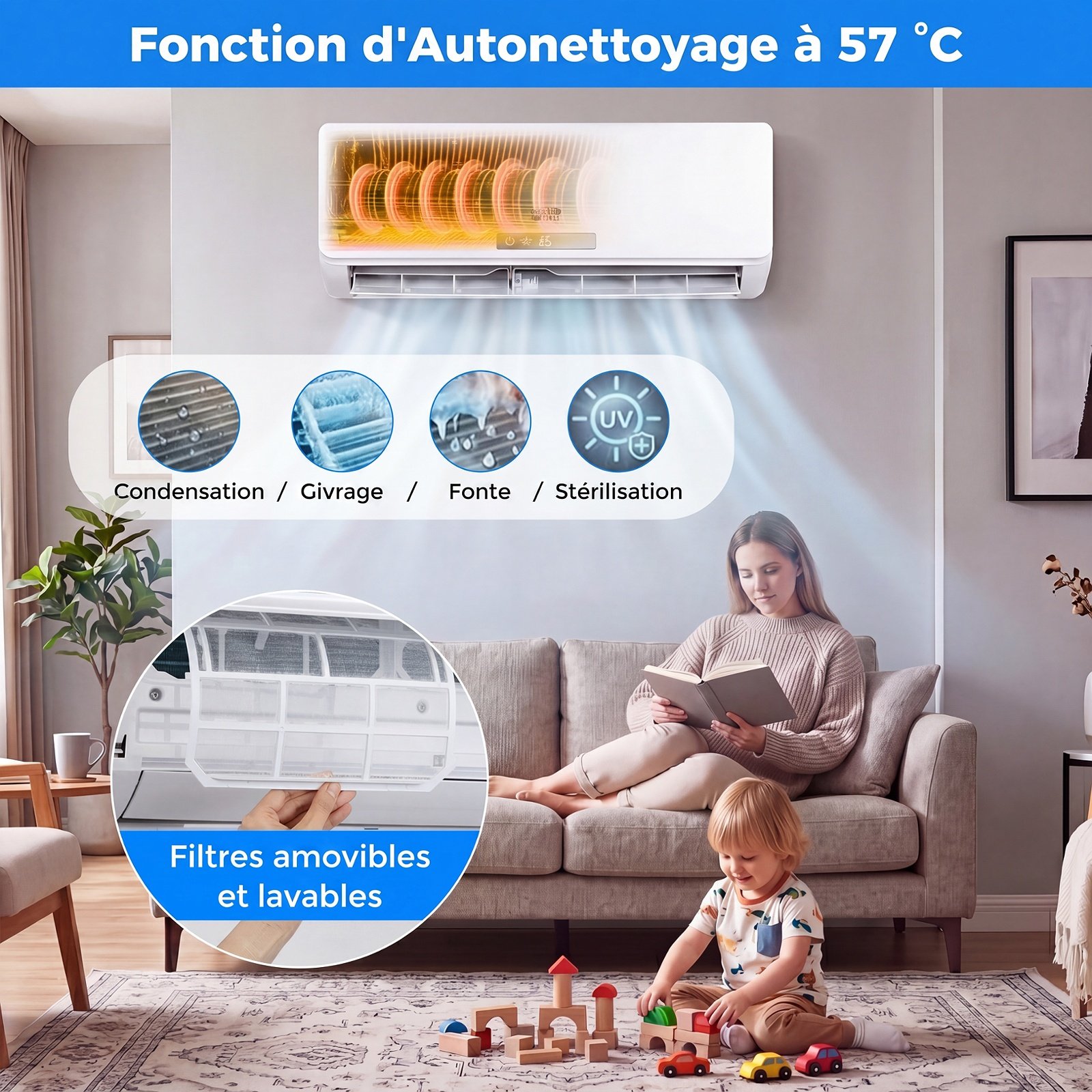 Aire Acondicionado Reversible 12000 BTU 3,4 KW Split R32 con Calefacción Refrigeración Silencioso 19 dB Clase A++ Blanco – Image 4
