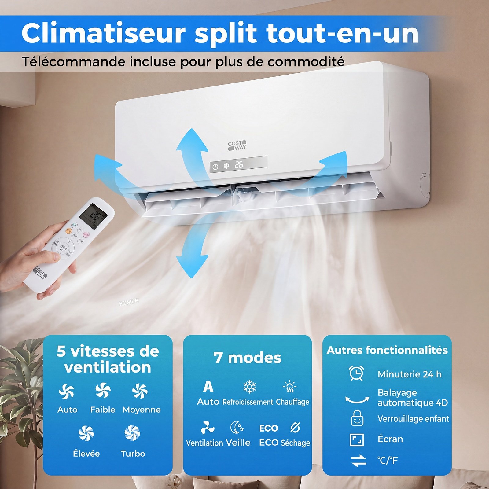 Aire Acondicionado Reversible 12000 BTU 3,4 KW Split R32 con Calefacción Refrigeración Silencioso 19 dB Clase A++ Blanco – Image 5