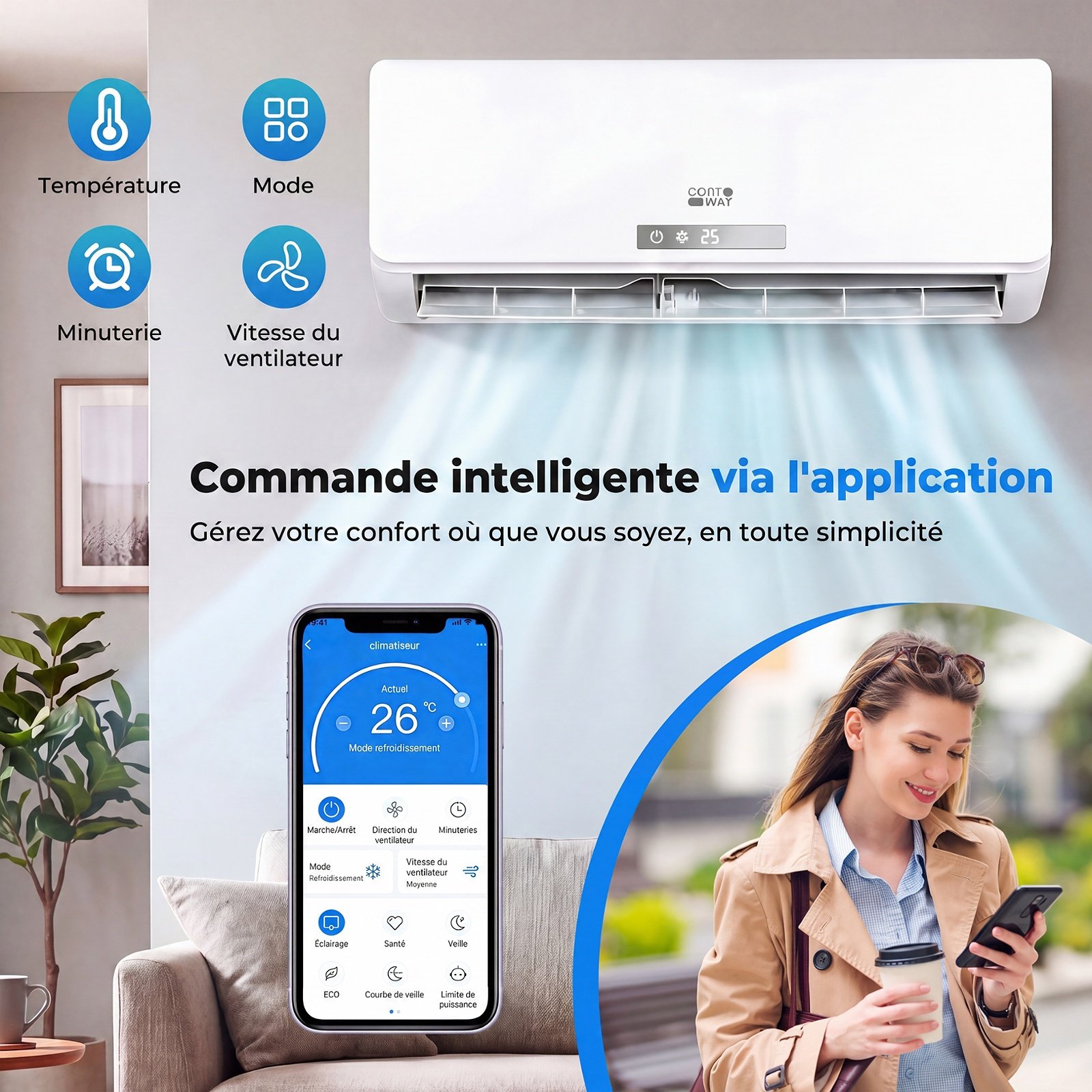 Aire Acondicionado Reversible 12000 BTU 3,4 KW Split R32 con Calefacción Refrigeración Silencioso 19 dB Clase A++ Blanco – Image 6