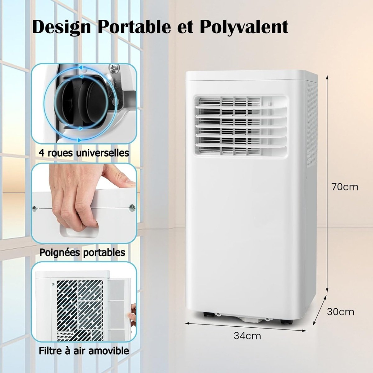 Aire Acondicionado Portátil Silencioso 9000btu 4 en 1 Refrigeración Ventilador Deshumidificador Mando a Distancia Temporizador 24H Blanco – Image 8