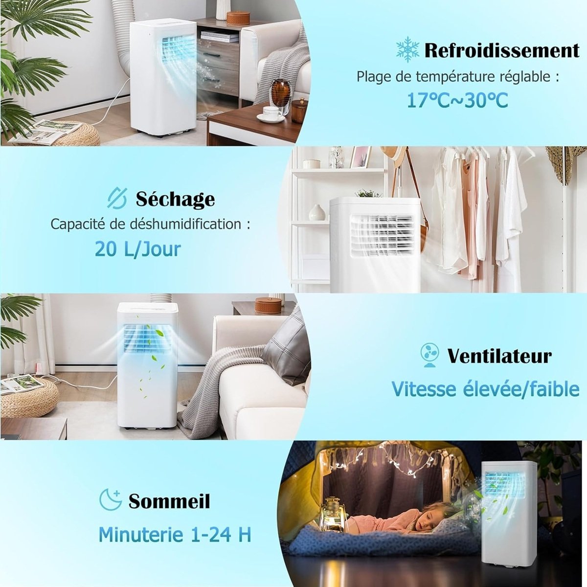 Aire Acondicionado Portátil Silencioso 9000btu 4 en 1 Refrigeración Ventilador Deshumidificador Mando a Distancia Temporizador 24H Blanco – Image 4
