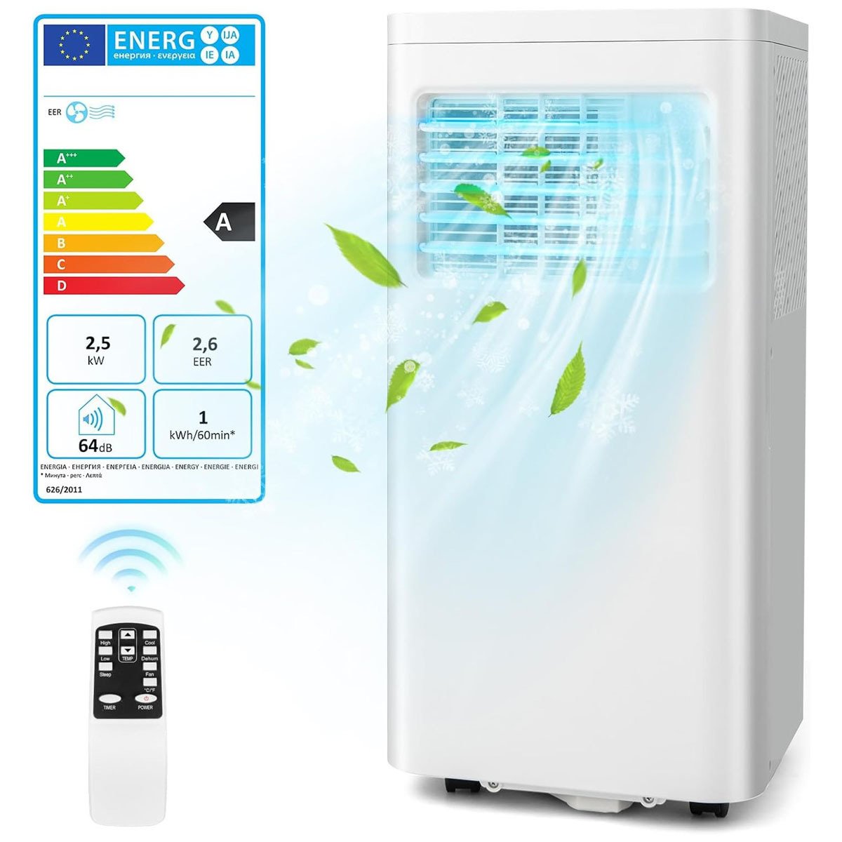 Aire Acondicionado Portátil Silencioso 9000btu 4 en 1 Refrigeración Ventilador Deshumidificador Mando a Distancia Temporizador 24H Blanco