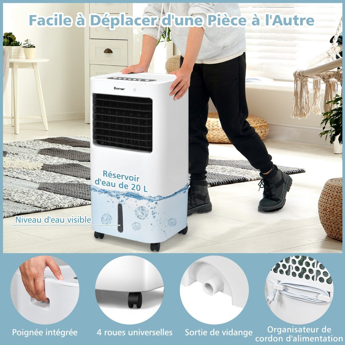 Aire Acondicionado Portátil 4 en 1 Depósito 20L Ventilador Humidificador Oscilación 40° 3 Modos 4 Velocidades Temporizador 7,5H – Image 8