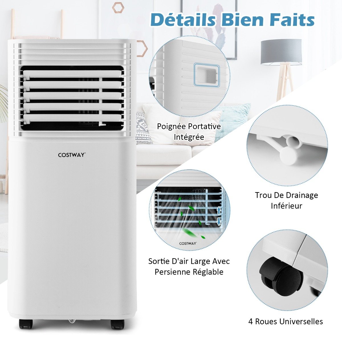 Aire Acondicionado Portátil 4 en 1 Refrigeración Deshumidificación Ventilador 9000BTU 2 Velocidades Modo en Espera Temporizador 24 h Blanco – Image 3