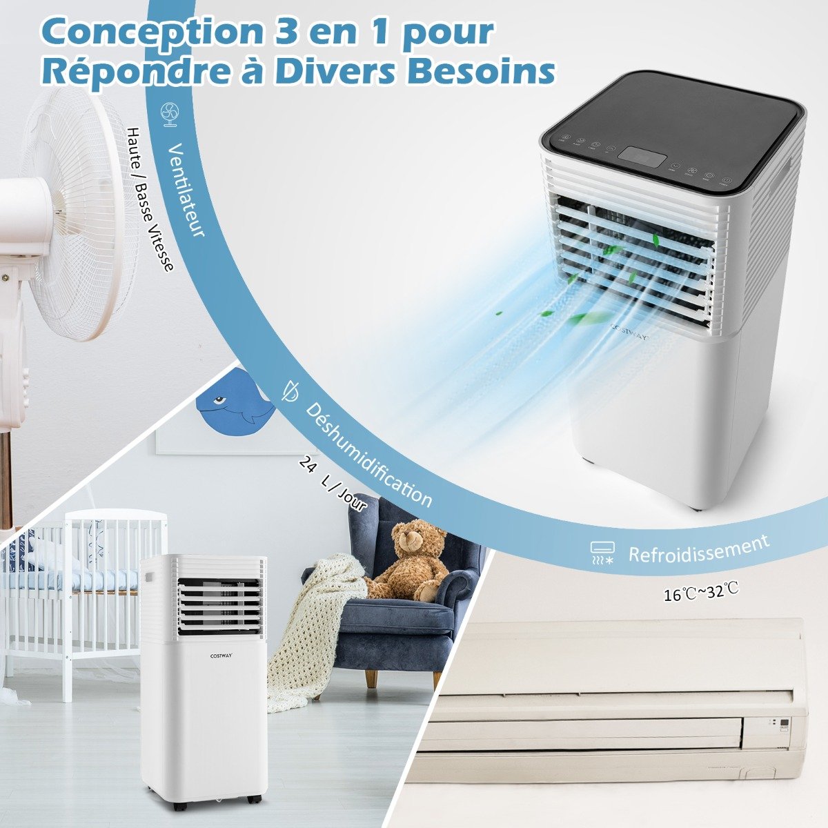 Aire Acondicionado Portátil 4 en 1 Refrigeración Deshumidificación Ventilador 9000BTU 2 Velocidades Modo en Espera Temporizador 24 h Blanco – Image 8