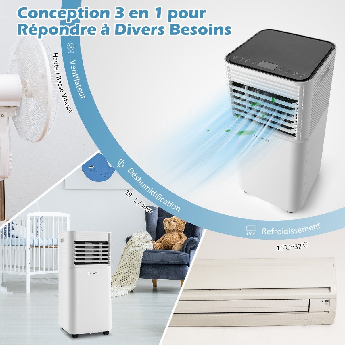 Aire Acondicionado Portátil 4 en 1 Refrigeración Deshumidificación Ventilador 9000BTU 2 Velocidades Modo en Espera Temporizador 24 h Blanco – Image 9