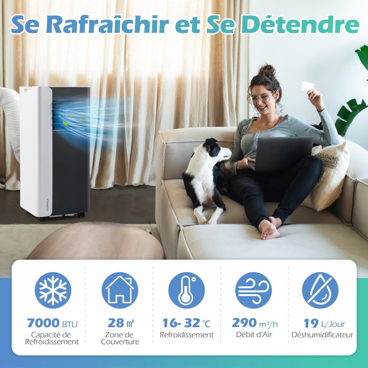 Aire Acondicionado Portátil 7000 BTU Refrigeración 3 en 1 con Ventilador y Deshumidificador para Habitaciones hasta 28㎡ Silencioso Negro – Image 3