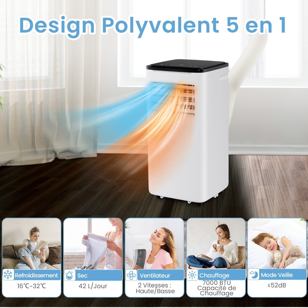 Aire Acondicionado Portátil 9000BTU Unidad 4 en 1 con Refrigeración Ventilador Calefacción y Deshumidificador Compatible con Wi-Fi Blanco – Image 8