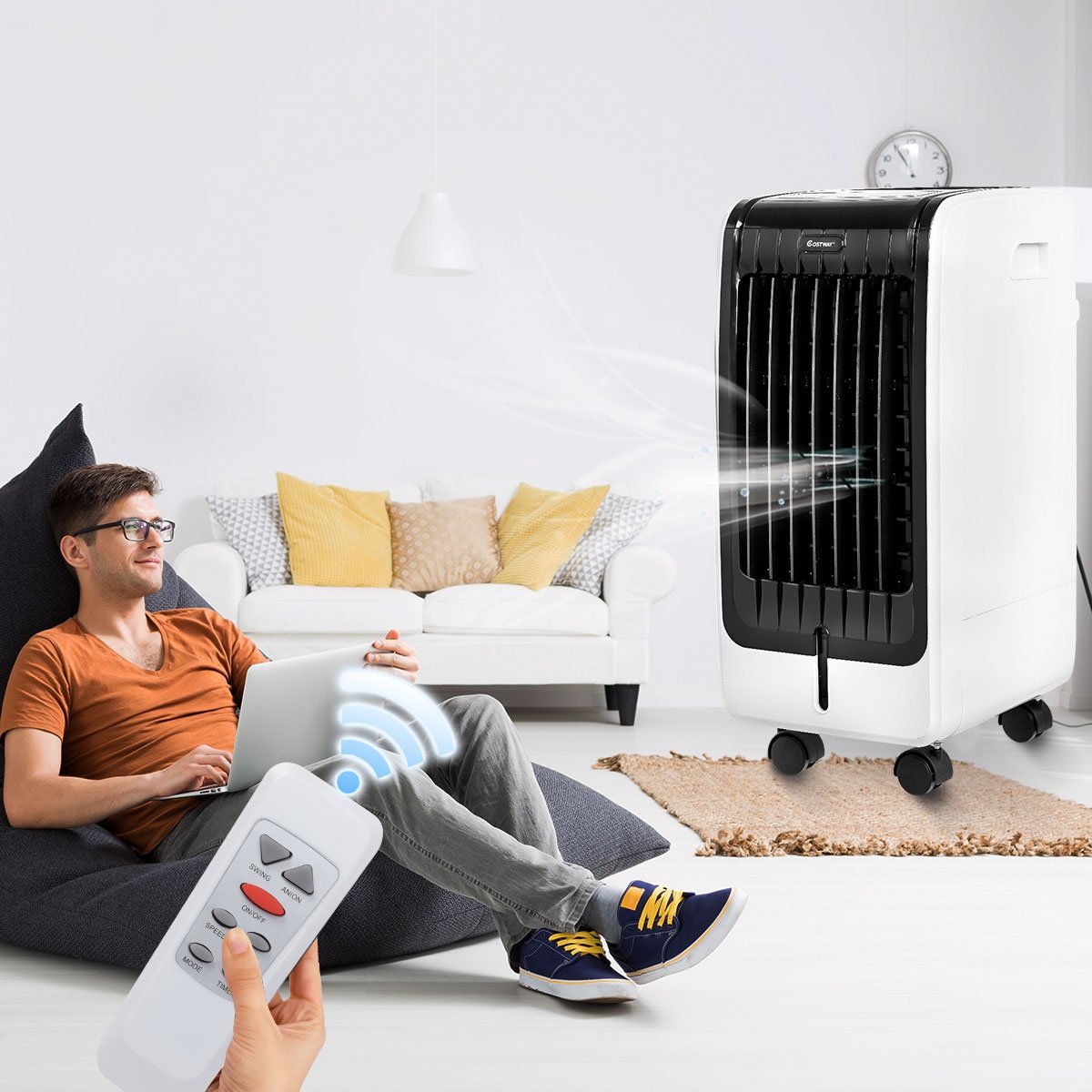 Enfriador de Aire 75W Portátil con Mando a Distancia Pantalla LCD 3 Velocidades Temporizador 8h Depósito de Agua 6L 32x25x57cm – Image 2