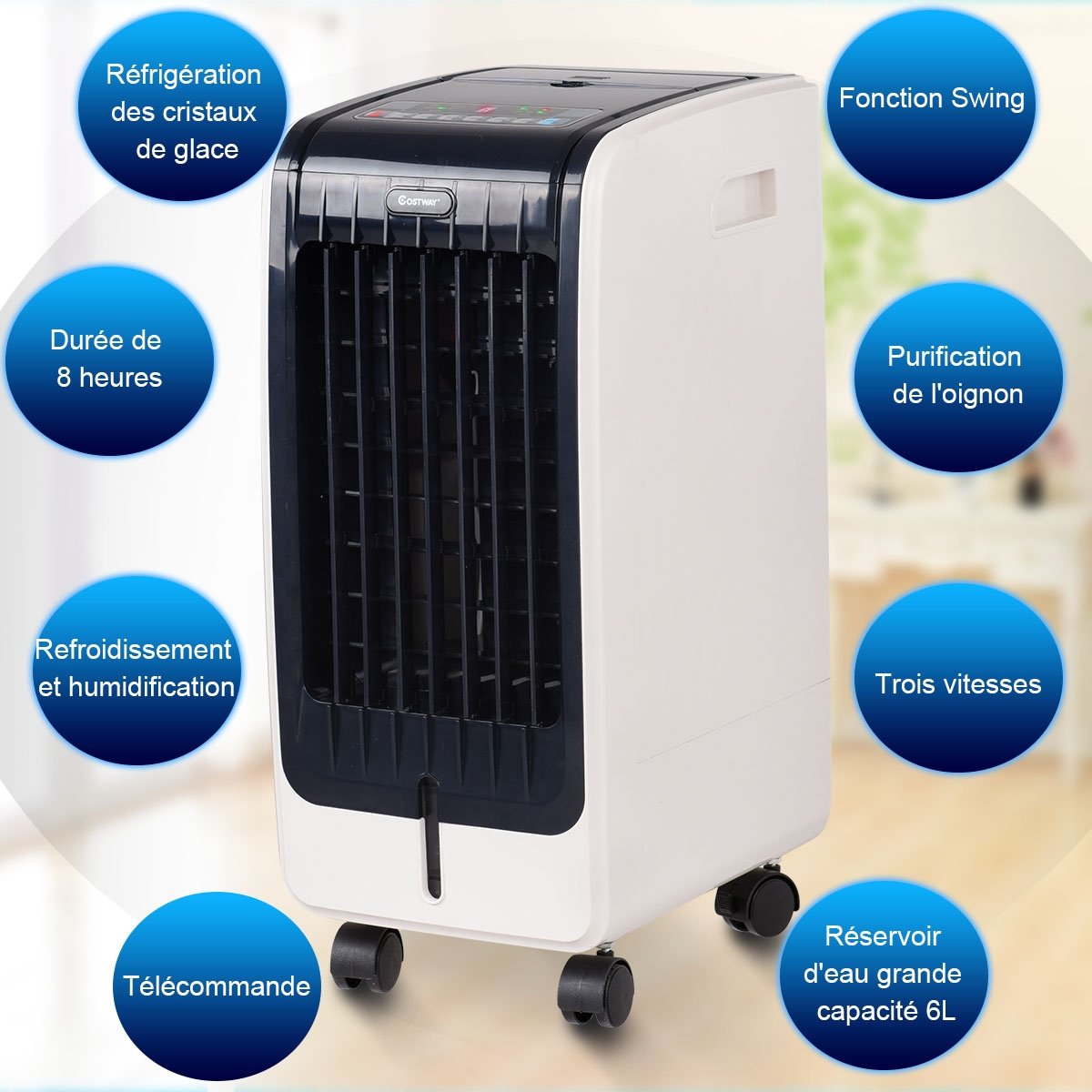 Enfriador de Aire 75W Portátil con Mando a Distancia Pantalla LCD 3 Velocidades Temporizador 8h Depósito de Agua 6L 32x25x57cm – Image 8