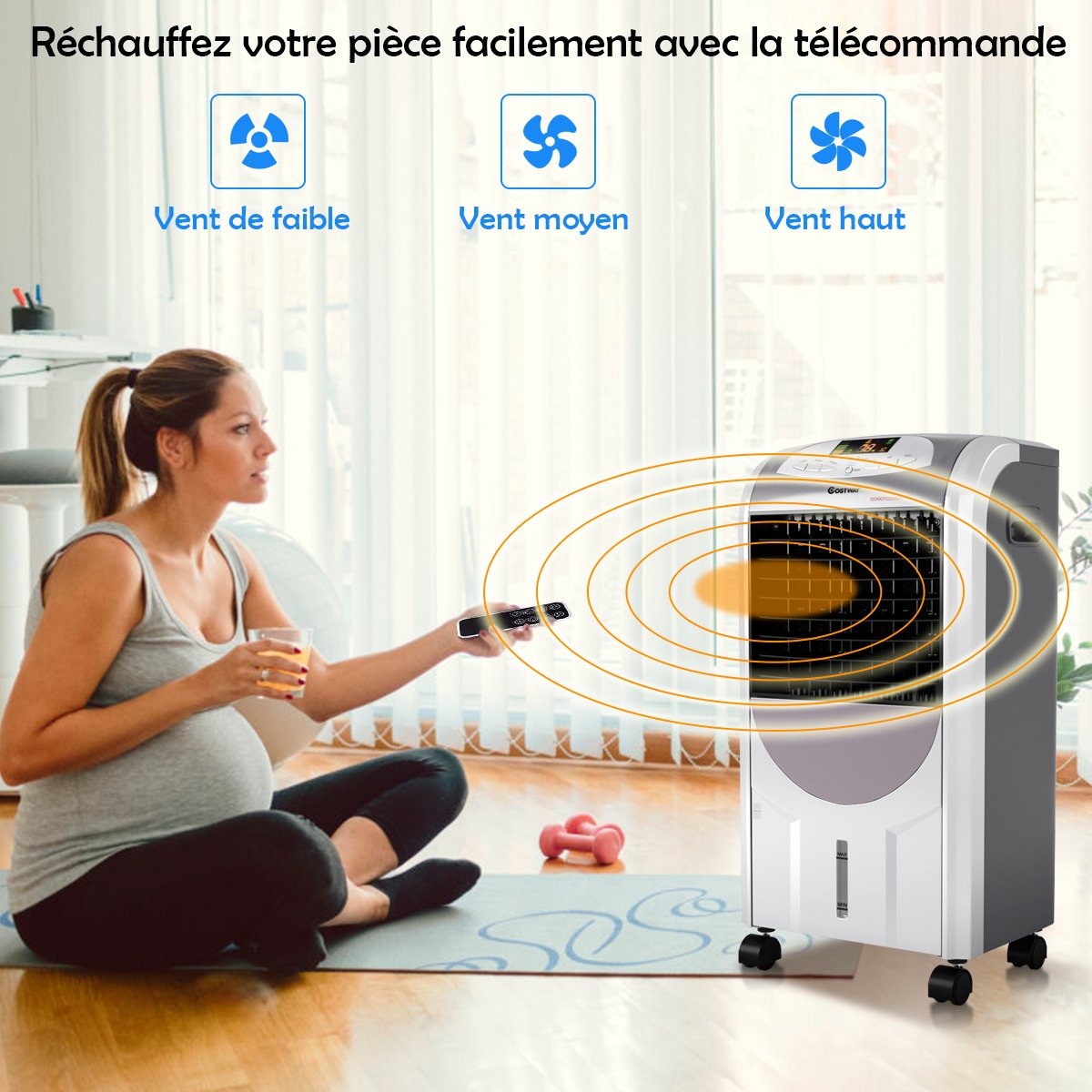 Enfriador de Aire con Calefacción con Mando a Distancia 3 Velocidades Variables Temporizador 8H Depósito de Agua 7L y 2 Acumuladores de Hielo Gris – Image 9