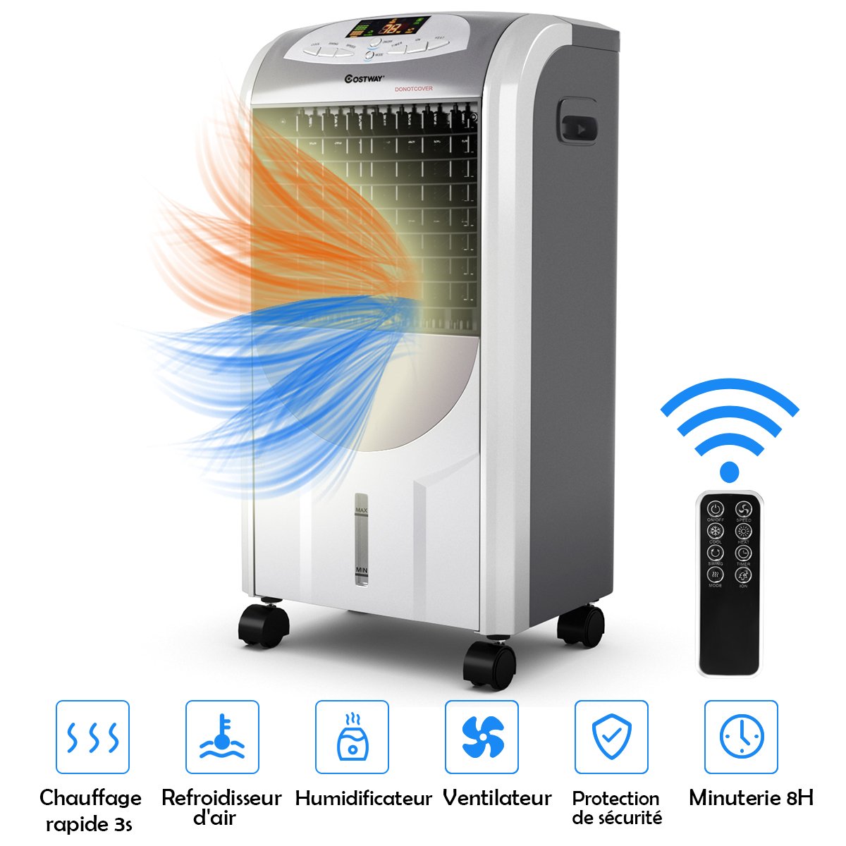 Enfriador de Aire con Calefacción con Mando a Distancia 3 Velocidades Variables Temporizador 8H Depósito de Agua 7L y 2 Acumuladores de Hielo Gris – Image 7