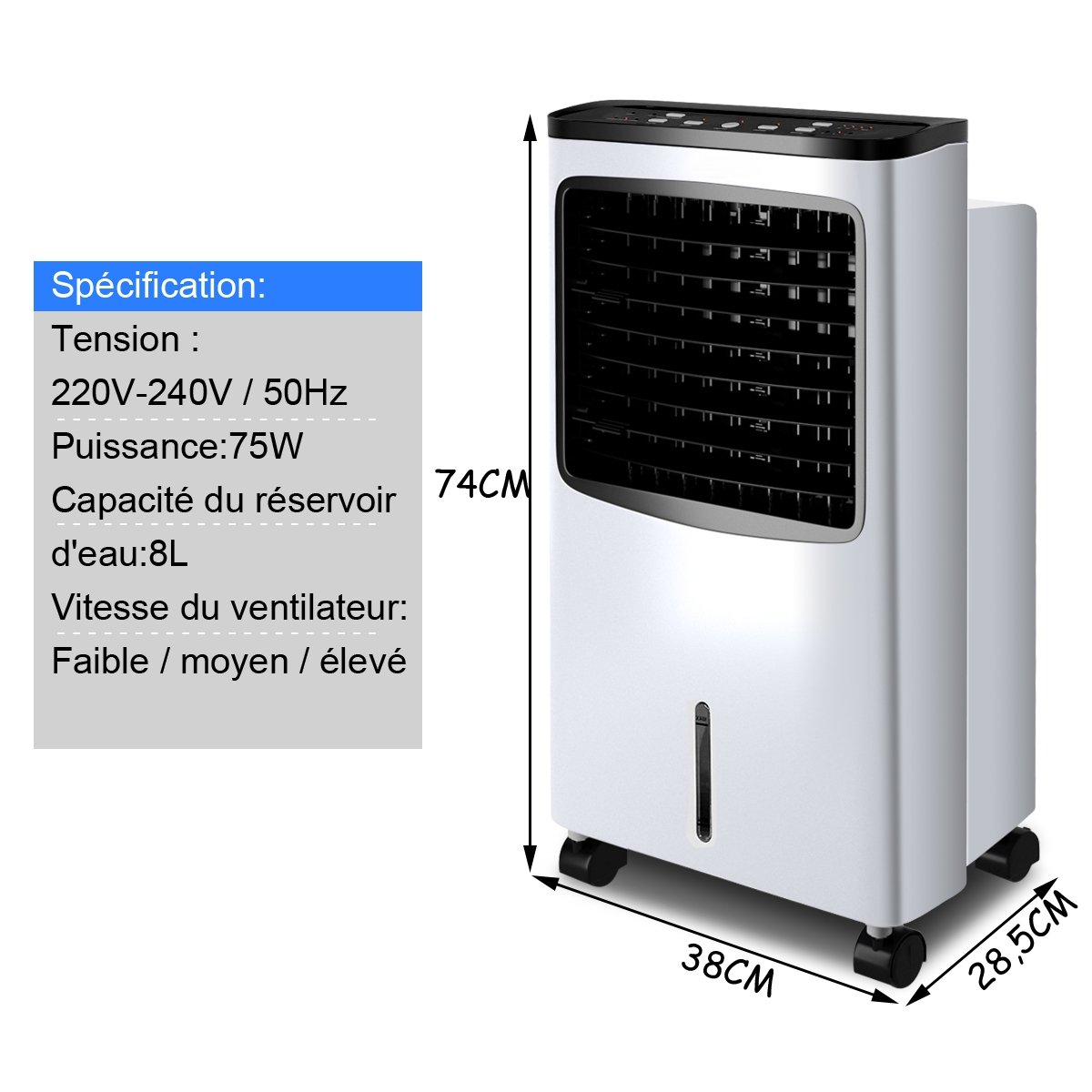 Aire Acondicionado Portátil 75W 4 en 1 con Mando a Distancia Temporizador 7,5H Depósito de Agua 8L 38x28,5x74cm Negro + Blanco – Image 12