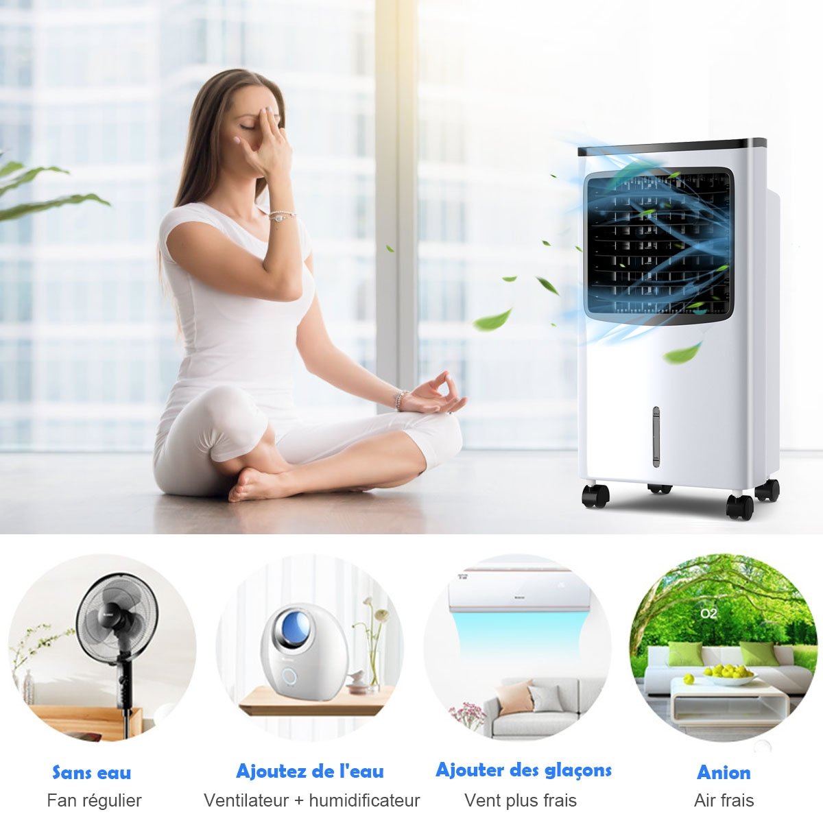 Aire Acondicionado Portátil 75W 4 en 1 con Mando a Distancia Temporizador 7,5H Depósito de Agua 8L 38x28,5x74cm Negro + Blanco – Image 6