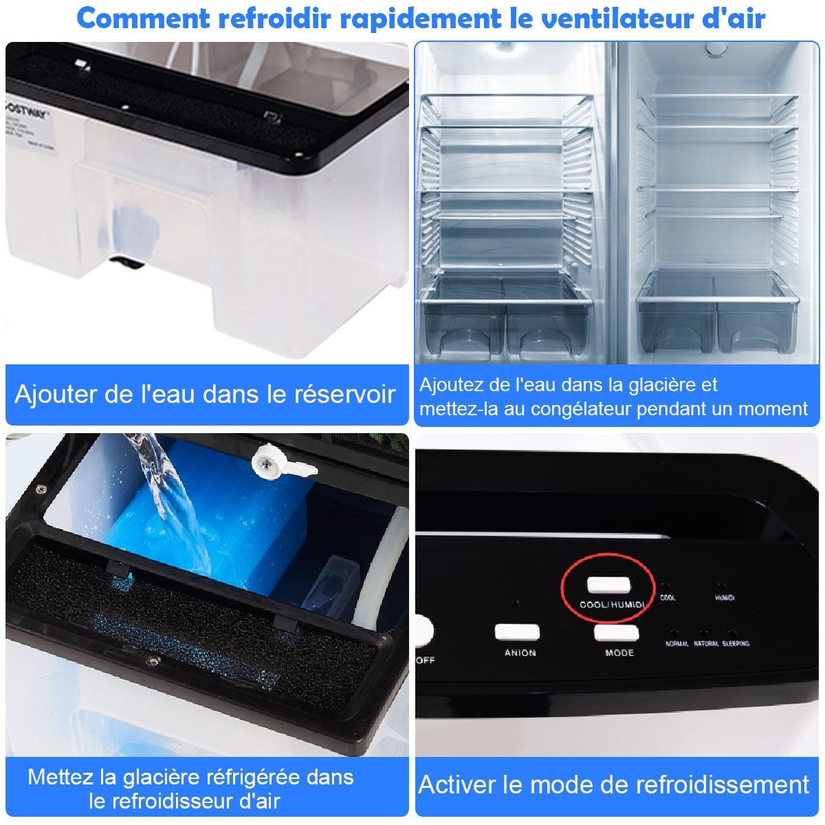 Aire Acondicionado Portátil 75W 4 en 1 con Mando a Distancia Temporizador 7,5H Depósito de Agua 8L 38x28,5x74cm Negro + Blanco – Image 4
